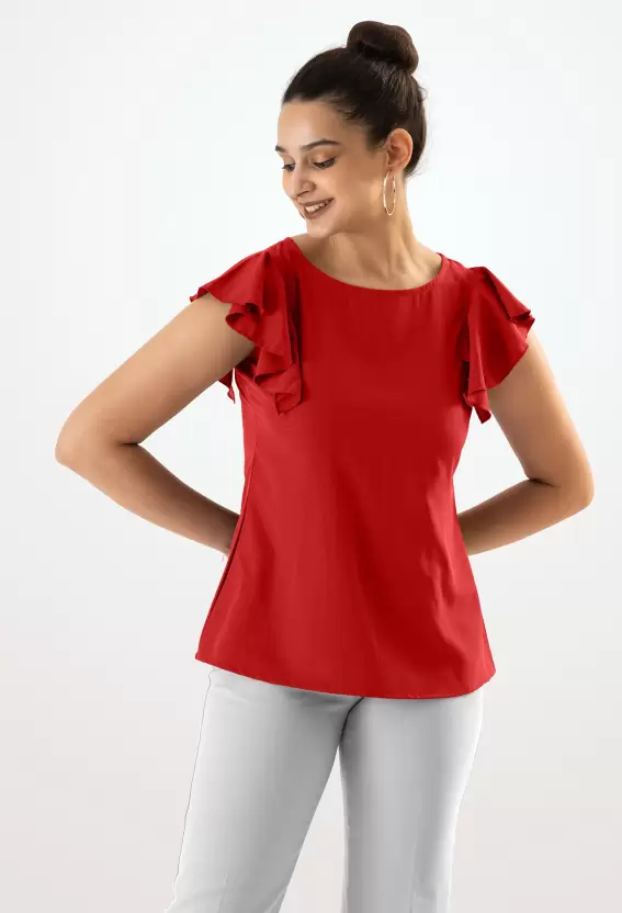 AASK  Casual Flared Sleeves Solid Women Red Top