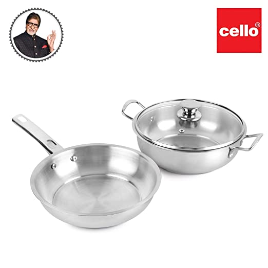 Cello Steelox Induction Compatible Stainless Steel Fry Pan & Kadai with Glass Lid