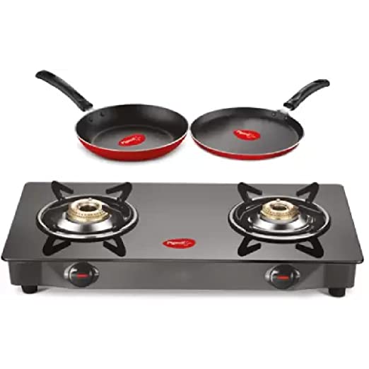 Pigeon Aster 2 Burner Gas Stove with Non-Induction Base Fry Pan & Flat Tawa Combo