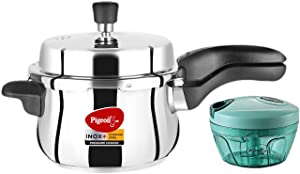 Pigeon by Stovekraft Stainless Steel Pressure Cooker 3 Litre Outer Lid with Induction base, medium & Plastic Mini Handy and Compact Chopper