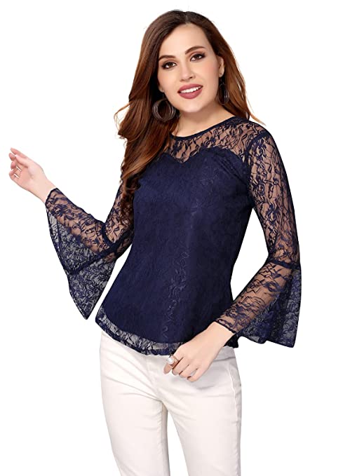 Selvia Women's Net Long Sleeve Regular Fit Party Top