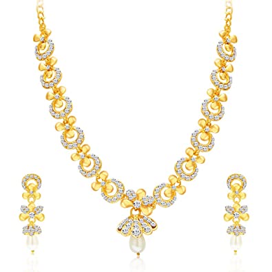 Sukkhi Glittery Gold Plated AD Necklace Set For Women