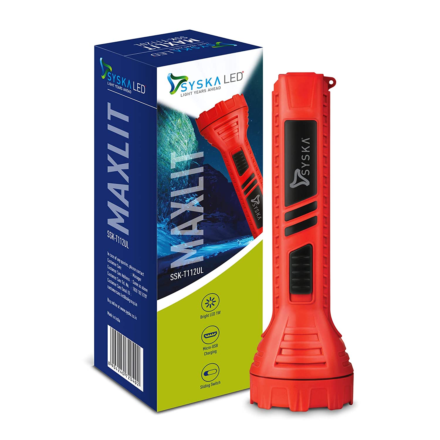 SYSKA MAXLIT 1W Bright Led Rechargeable Torch Light - T112UL (Red)