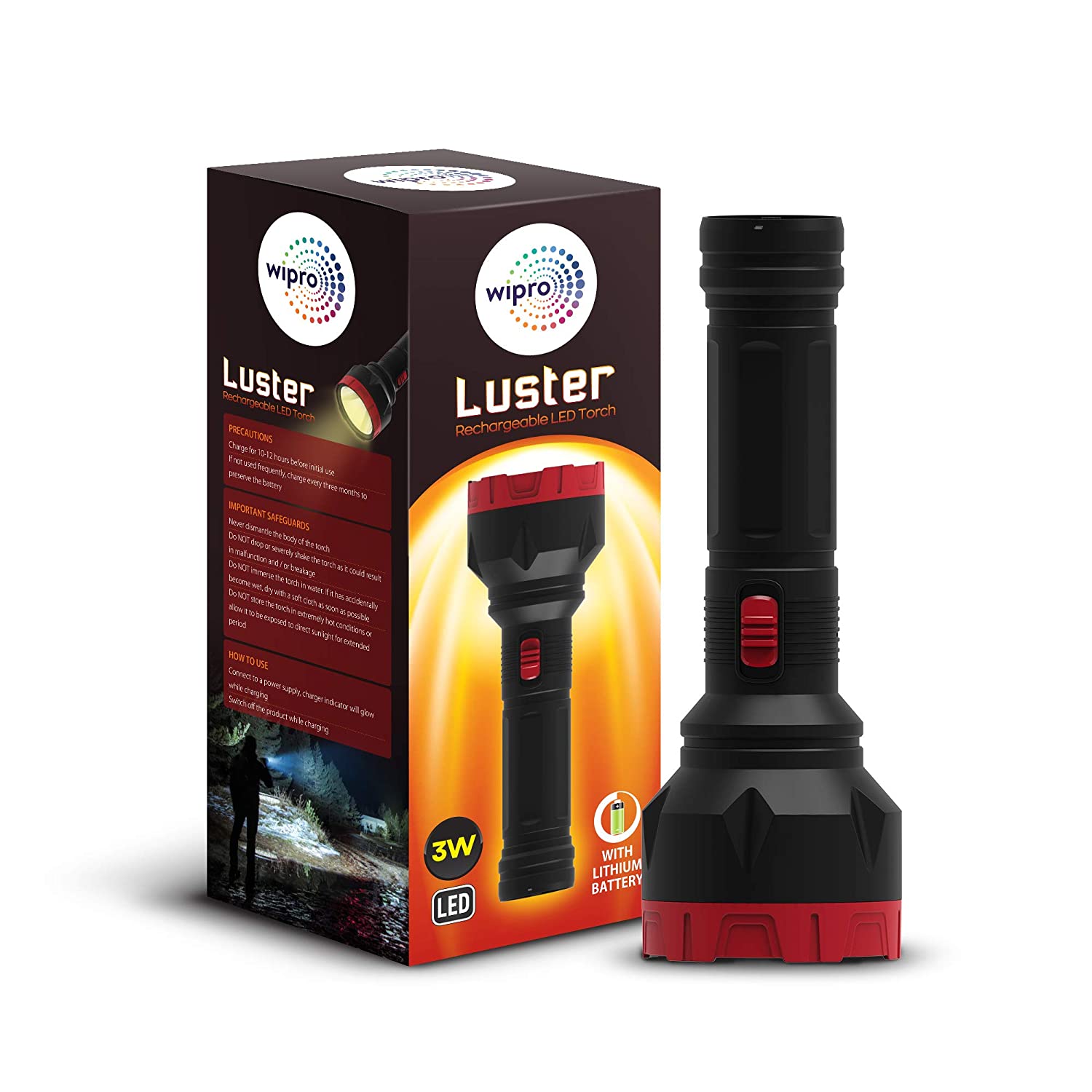 Wipro Luster 3W LED Bright Rechargeable Torch Light (Red and Black)