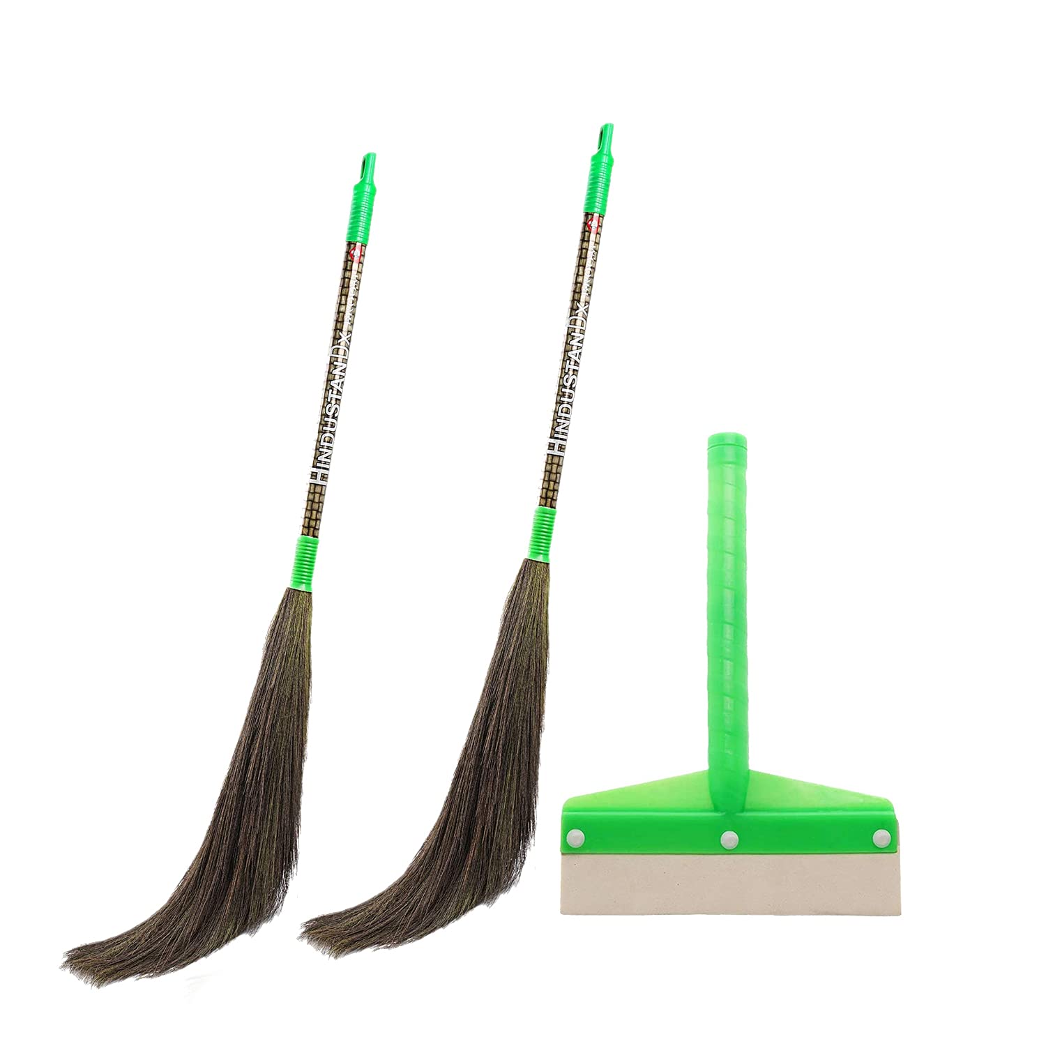 Zureni ZR-BR02-WP07 2 Pcs Floor Broom Natural Soft Long Stick Jhadu and 1 Pc Floor Squeegee Wiper